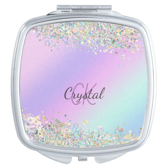 Trendy Pastel Holographic Rainbow Glitter  Compact Mirror (Front)
