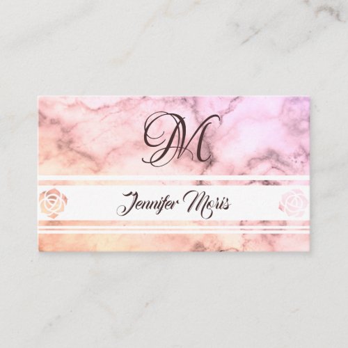 Trendy Pastel Marble Pink Beige with Monogram Business Card
