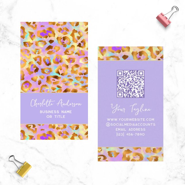 Trendy Pastel Modern Gold Leopard Print QR Code Business Card (Creator Uploaded)