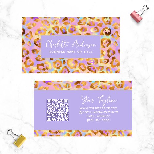 Trendy Pastel Modern Gold Leopard Print QR Code Business Card