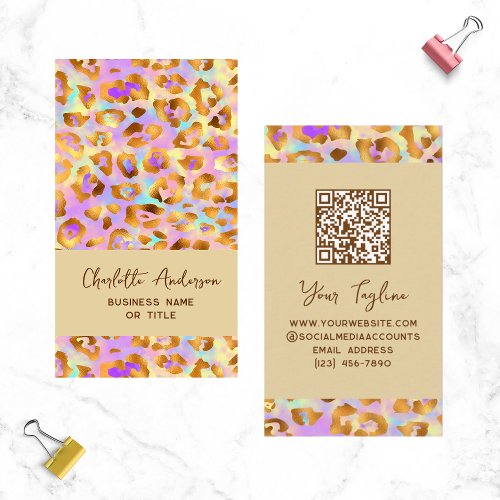 Trendy Pastel Modern Gold Leopard Print QR Code Business Card