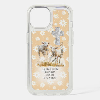 Trendy Pastel Peach Floral Lambs Cross Scripture iPhone 15 Case