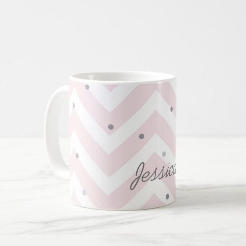 Trendy Pastel Pink Chevron and Dots Personalised Coffee Mug