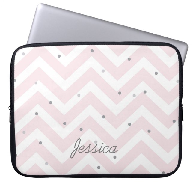 Trendy Pastel Pink Chevron Dotty Personalised  Laptop Sleeve (Front)