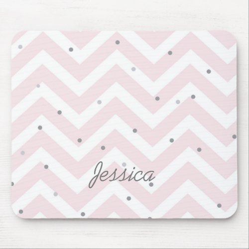Trendy Pastel Pink Chevron Dotty Personalised Mouse Pad