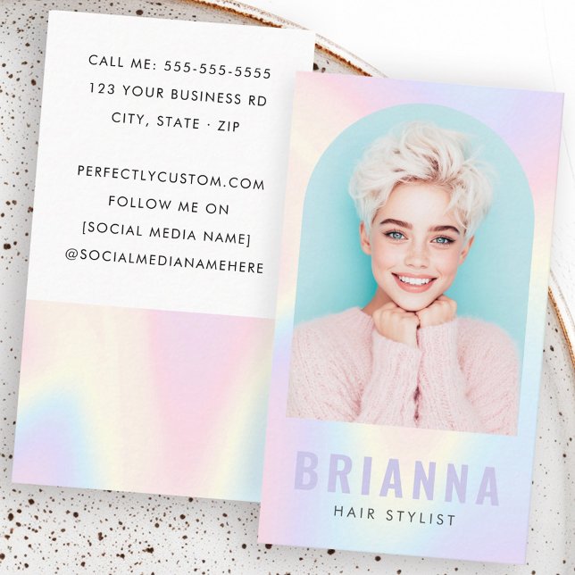 Trendy pastel rainbow arch border photo business card (Trendy pastel rainbow arch border photo business card)