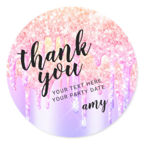 Trendy Pastel Rainbow Glitter Drips Thank You Classic Round Sticker