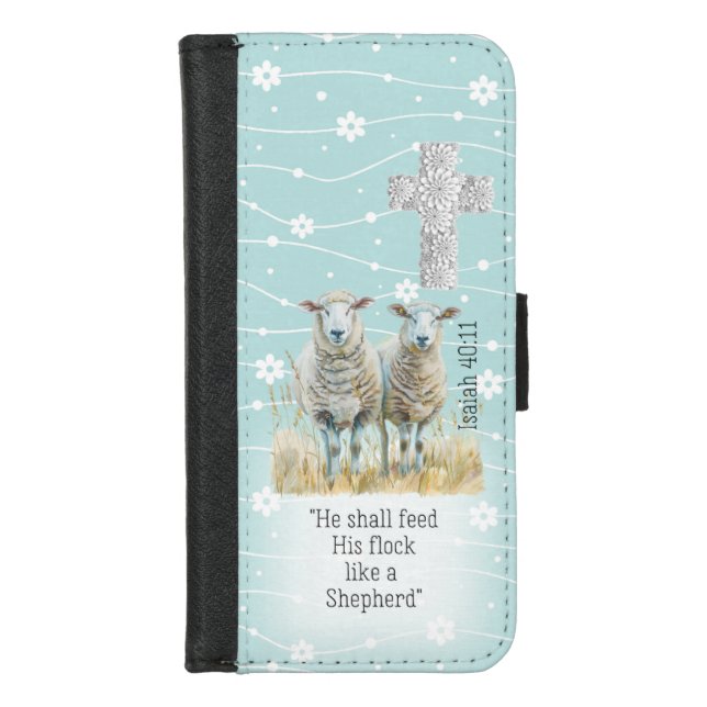 Trendy Pastel Turquoise Floral Sheep Cross Faith iPhone Wallet Case (Front)