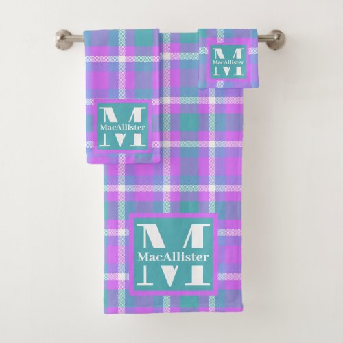 Trendy Pastel Vaporwave Tartan Plaid Monogram Bath Towel Set