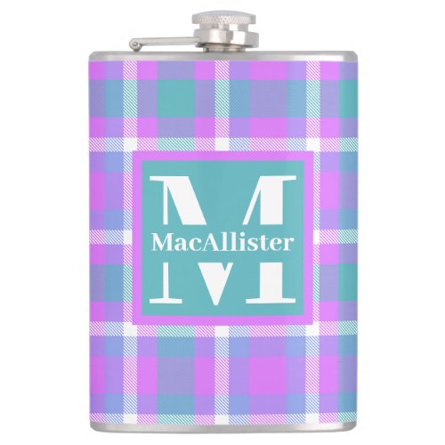 Trendy Pastel Vaporwave Tartan Plaid Monogram Name Flask