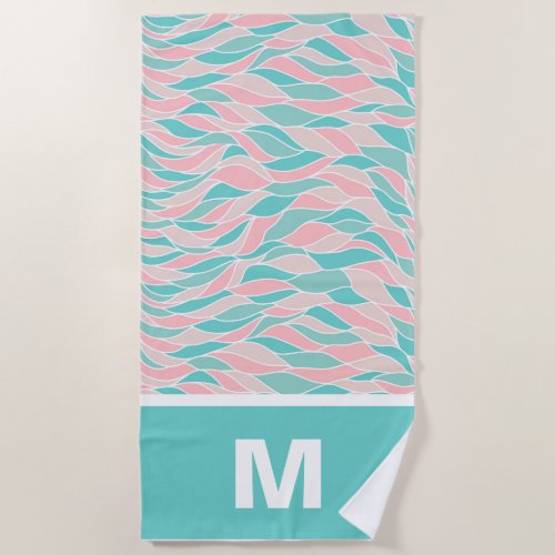 Trendy Pastel Watercolor Leaves Pattern Monogram Beach Towel