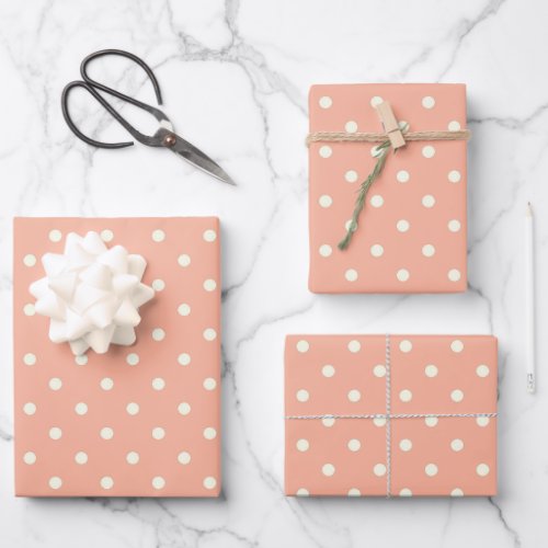 Trendy Pattern Coral Peach Pink  White Polka Dots Wrapping Paper Sheets