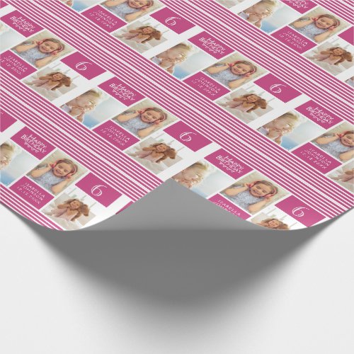 Trendy Pattern Pink Stripe Photo Collage Birthday Wrapping Paper