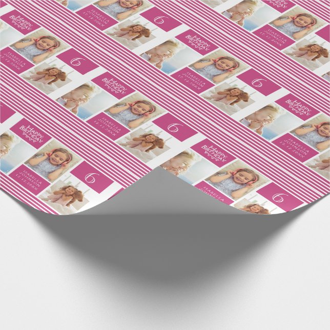 Trendy Pattern Pink Stripe Photo Collage Birthday Wrapping Paper (Corner)