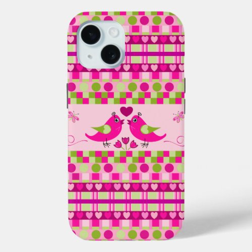 Trendy Patterns and Love Birds iPhone 15 Case