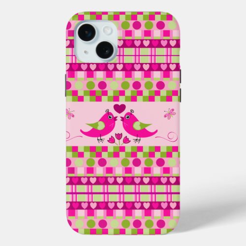 Trendy Patterns and Love Birds iPhone 15 Plus Case