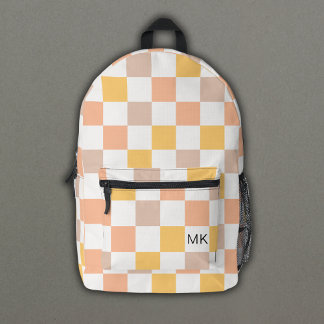 Trendy Peach Checkerboard Monogram Initials Printed Backpack