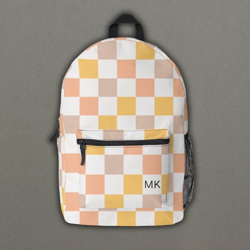 Trendy Peach Checkerboard Monogram Initials Printed Backpack