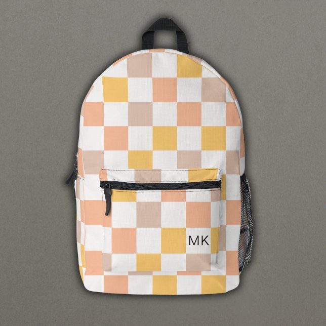 Trendy Peach Checkerboard Monogram Initials Printed Backpack (Creator Uploaded)