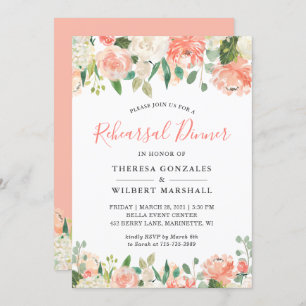 Trendy Peach Coral Peony Floral Rehearsal Dinner Invitation
