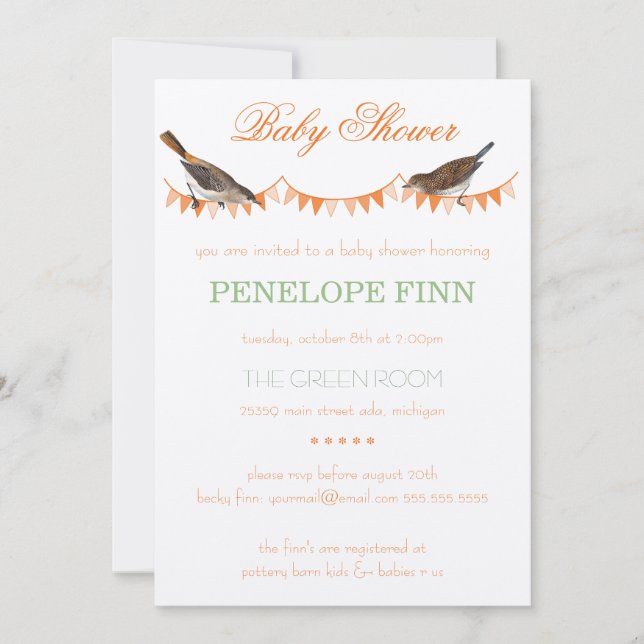 Trendy Peach Green Bunting Bird Baby Shower Invitation (Front)