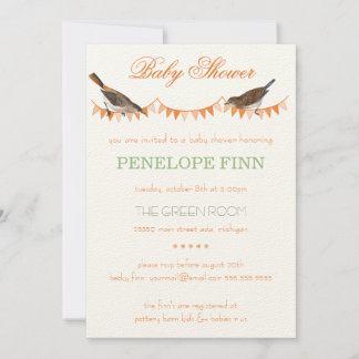 Trendy Peach Green Bunting Bird Baby Shower Invitation