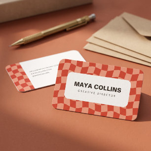 Trendy Peach Red Wavy Checkered Business Card