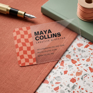 Trendy Peach Red Wavy Checkered Clear Business Cards