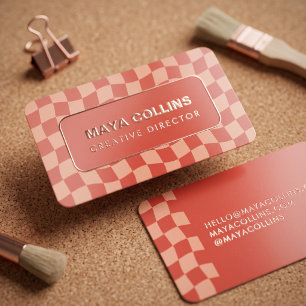 Trendy Peach Red Wavy Checkered Foil Business Cards