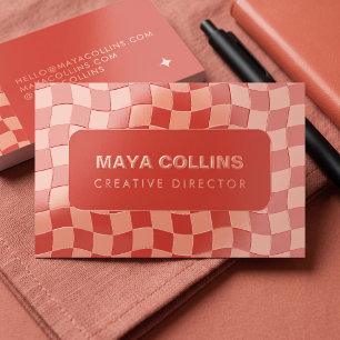 Trendy Peach Red Wavy Checkered Foil Spot Gloss Business Cards