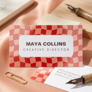 Trendy Peach Red Wavy Checkered Raised Spot UV Business Card