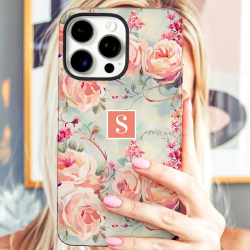 Trendy Peach Roses Monogram Floral Iphone 16 Pro Max Case