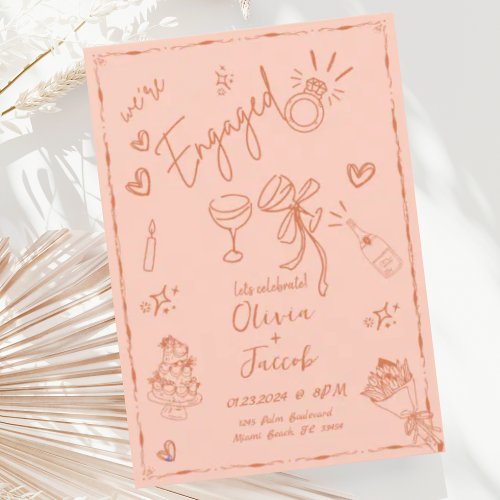 Trendy Peach Rust Hand Drawn Engagement Party Invitation