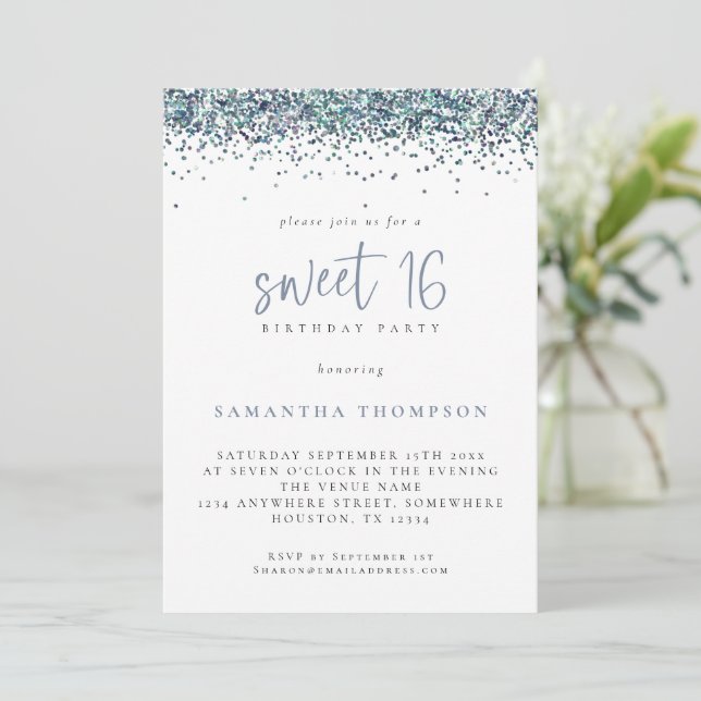 Trendy Peacock Blue Glitter Sweet 16 Birthday Invitation (Standing Front)