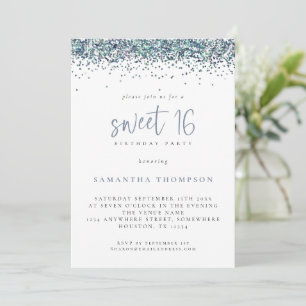 Trendy Peacock Blue Glitter Sweet 16 Birthday Invitation