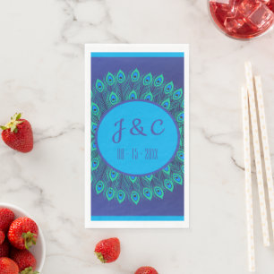 TRENDY PEACOCK PATTERNED CUSTOM TEXT IN GREEN BLUE PAPER GUEST TOWELS