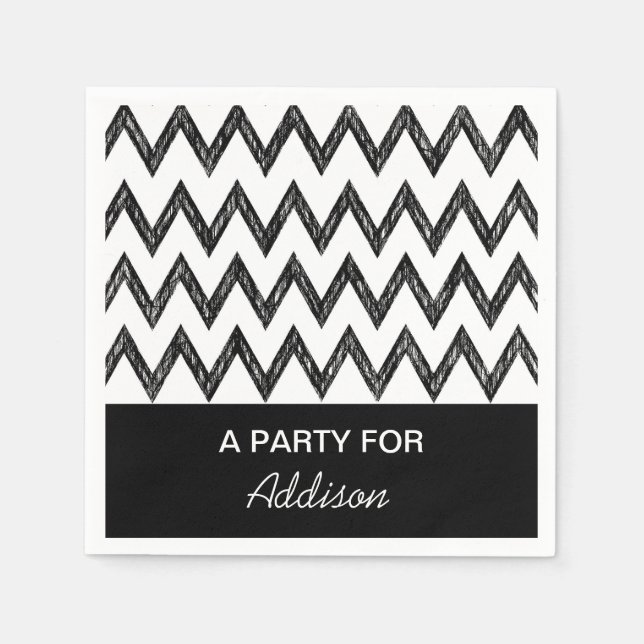 Trendy Pencil Black and White Chevron With Name Paper Napkins (Front)