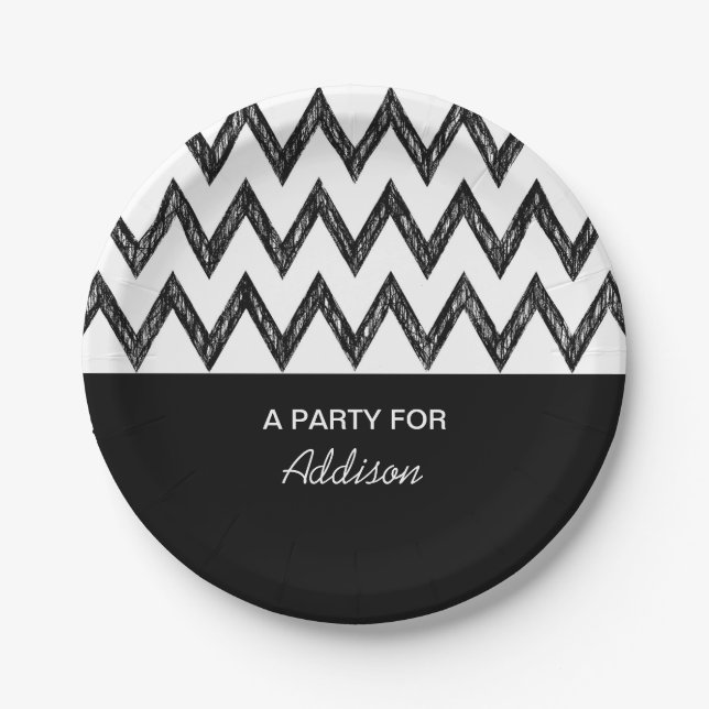 Trendy Pencil Black and White Chevron With Name Paper Plates (Front)