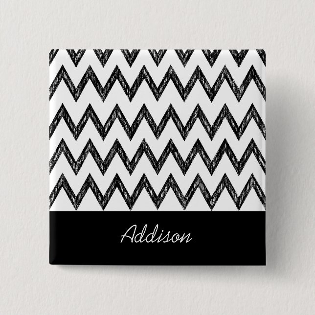 Trendy Pencil Black and White Chevron With Name Pinback Button (Front)