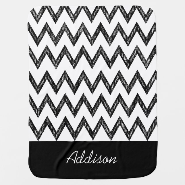 Trendy Pencil Black and White Chevron With Name Swaddle Blanket (Front)