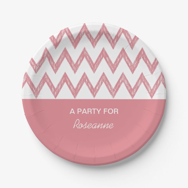 Trendy Pencil Light Pink Chevron Zigzags With Name Paper Plates (Front)