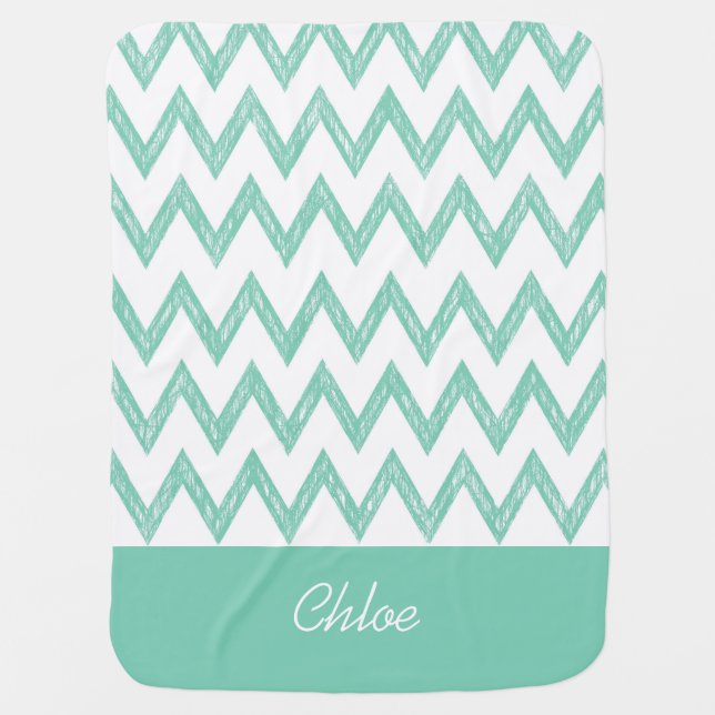 Trendy Pencil Mint Green Chevron Zigzags With Name Baby Blanket (Front)