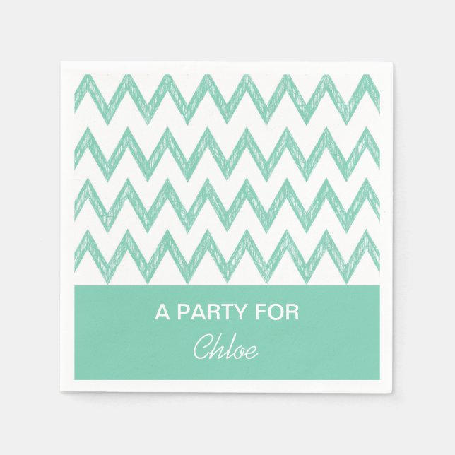 Trendy Pencil Mint Green Chevron Zigzags With Name Paper Napkins (Front)