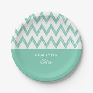 Trendy Pencil Mint Green Chevron Zigzags With Name Paper Plates