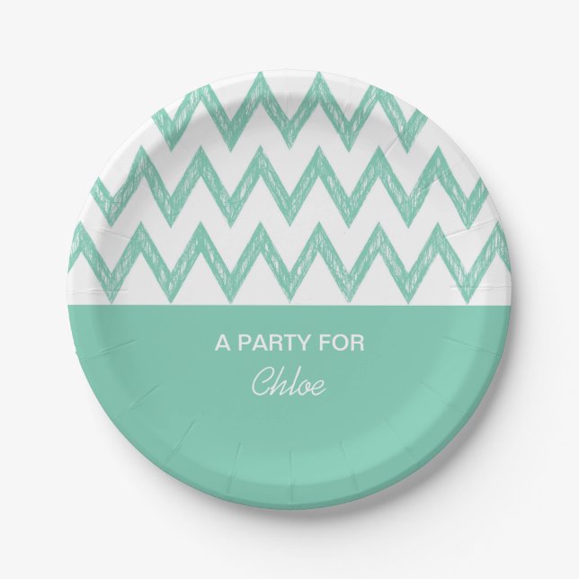 Trendy Pencil Mint Green Chevron Zigzags With Name Paper Plates (Front)