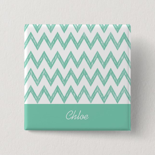 Trendy Pencil Mint Green Chevron Zigzags With Name Pinback Button (Front)