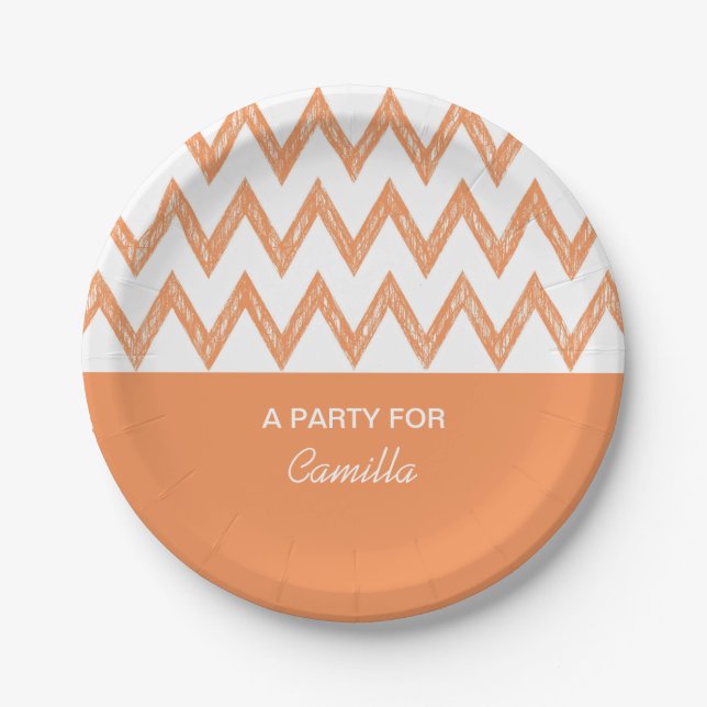 Trendy Pencil Orange Chevron Zigzags With Name Paper Plates (Front)