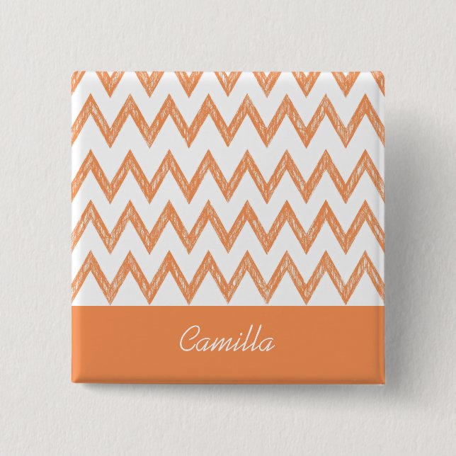 Trendy Pencil Orange Chevron Zigzags With Name Pinback Button (Front)