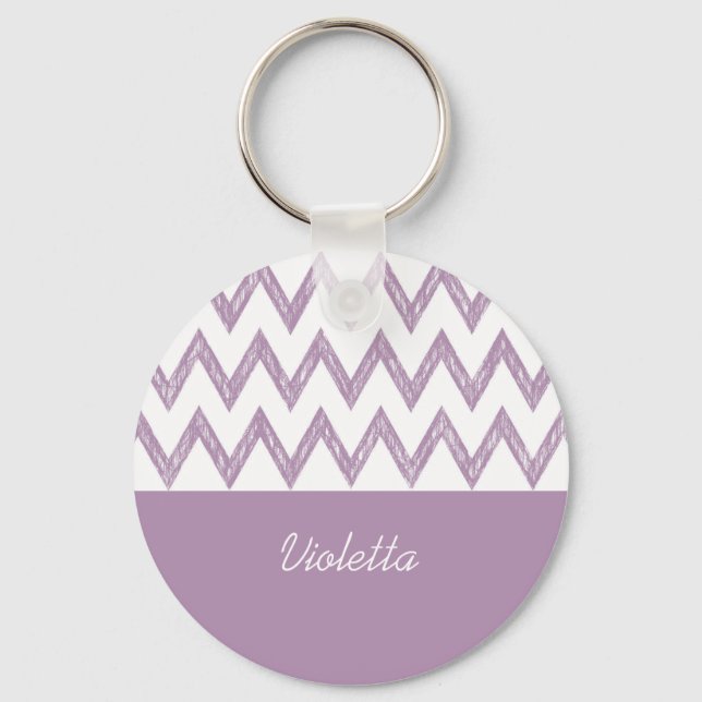 Trendy Pencil Purple Chevron Zigzags With Name Keychain (Front)