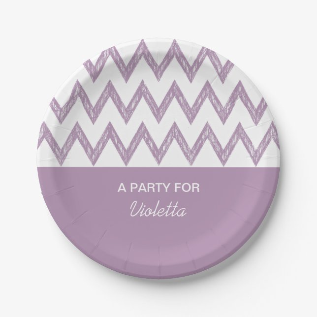 Trendy Pencil Purple Chevron Zigzags With Name Paper Plates (Front)
